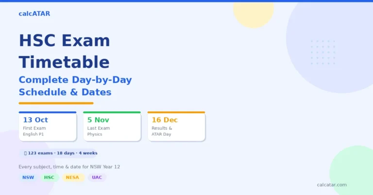 HSC exam timetable 2026 showing key dates — first exam 13 October, last exam 5 November, results and ATAR on 16 December